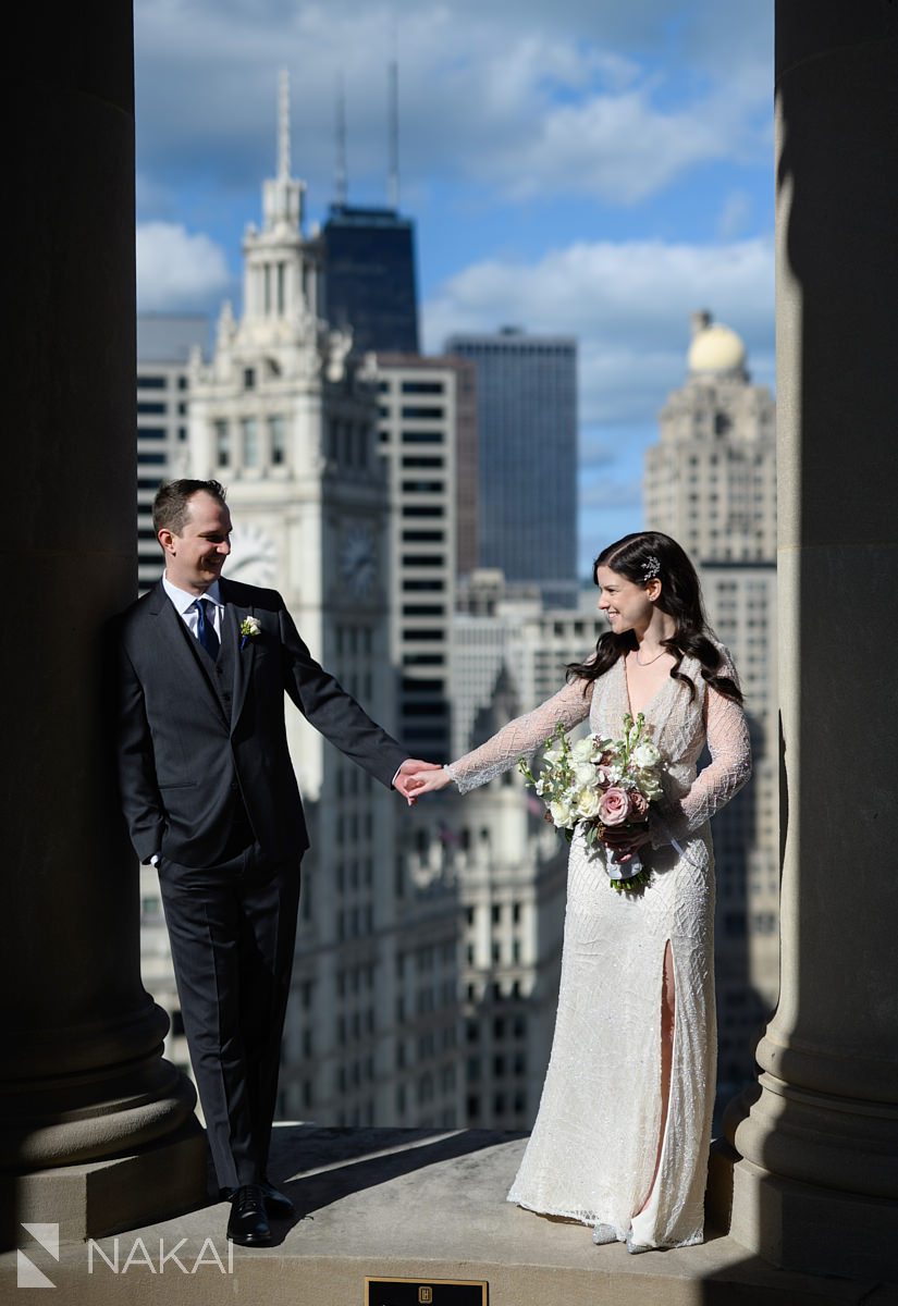 Chicago LondonHouse wedding photographer first look rooftop cupola