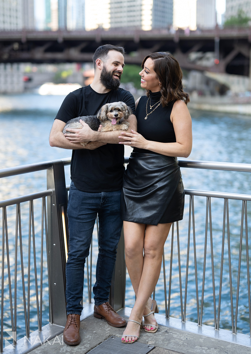 Engagement photo shoot chicago riverwalk with their dog!