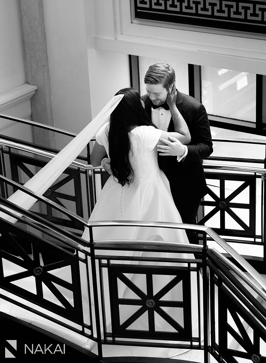 staircase first look JW Marriott Chicago wedding pictures