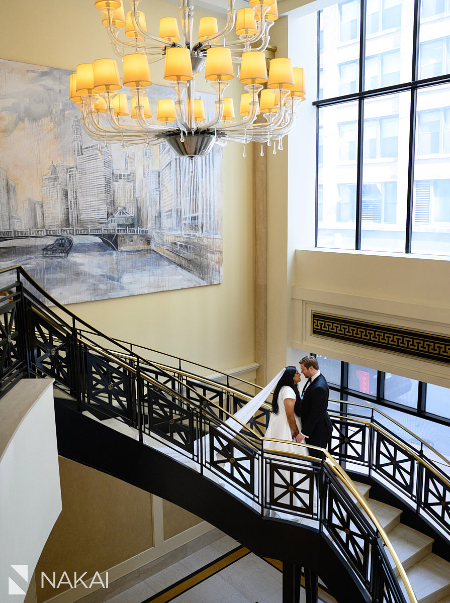 staircase first look JW Marriott Chicago wedding pictures
