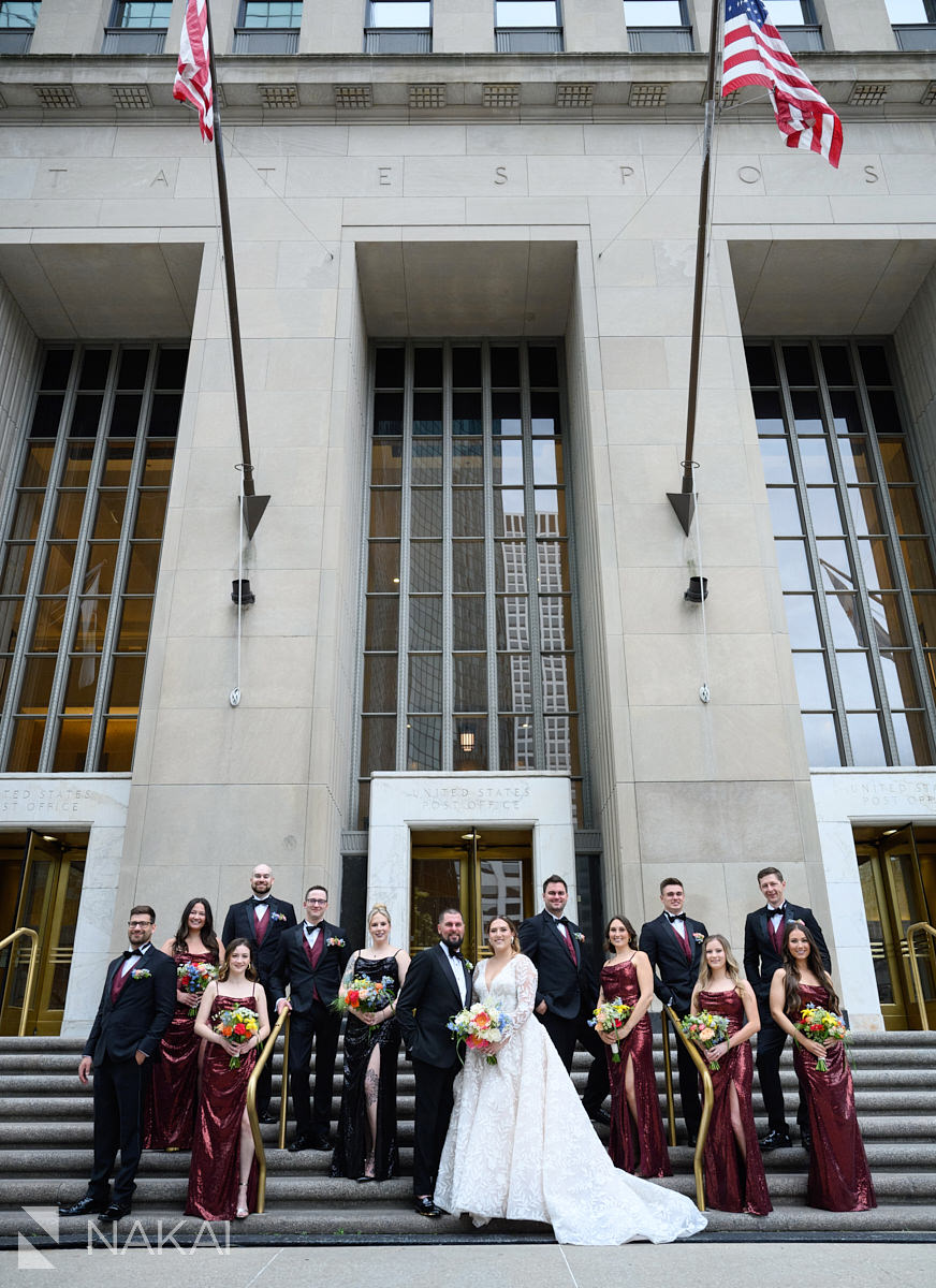 old post office chicago wedding photos bridal party on steps