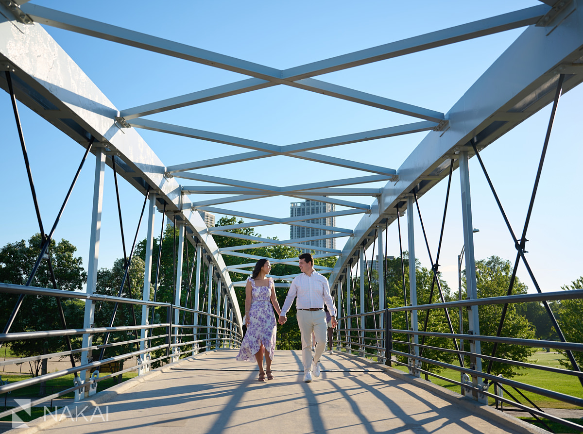 lincoln park engagement on bridge over Lake Shore Drive