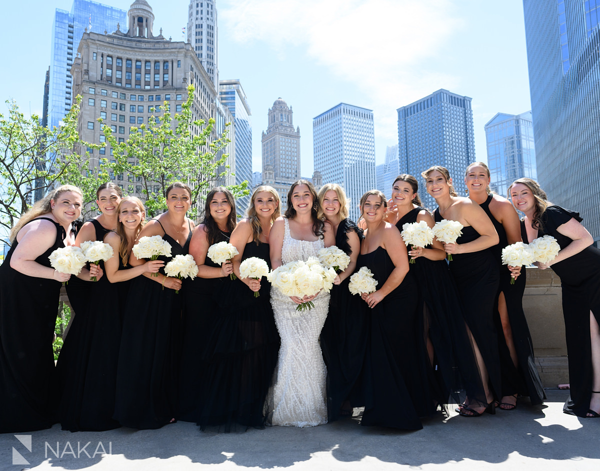 chicago wedding party photos by Wrigley Building