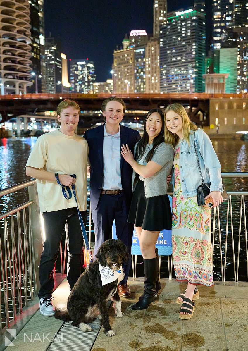 riverwalk surprise proposal chicago with friends and dog who helped make it happen