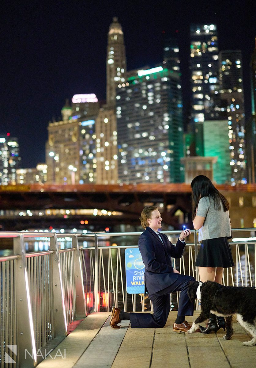 surprise proposal chicago photographer on riverwalk at night. Guy on bended knee with ring box