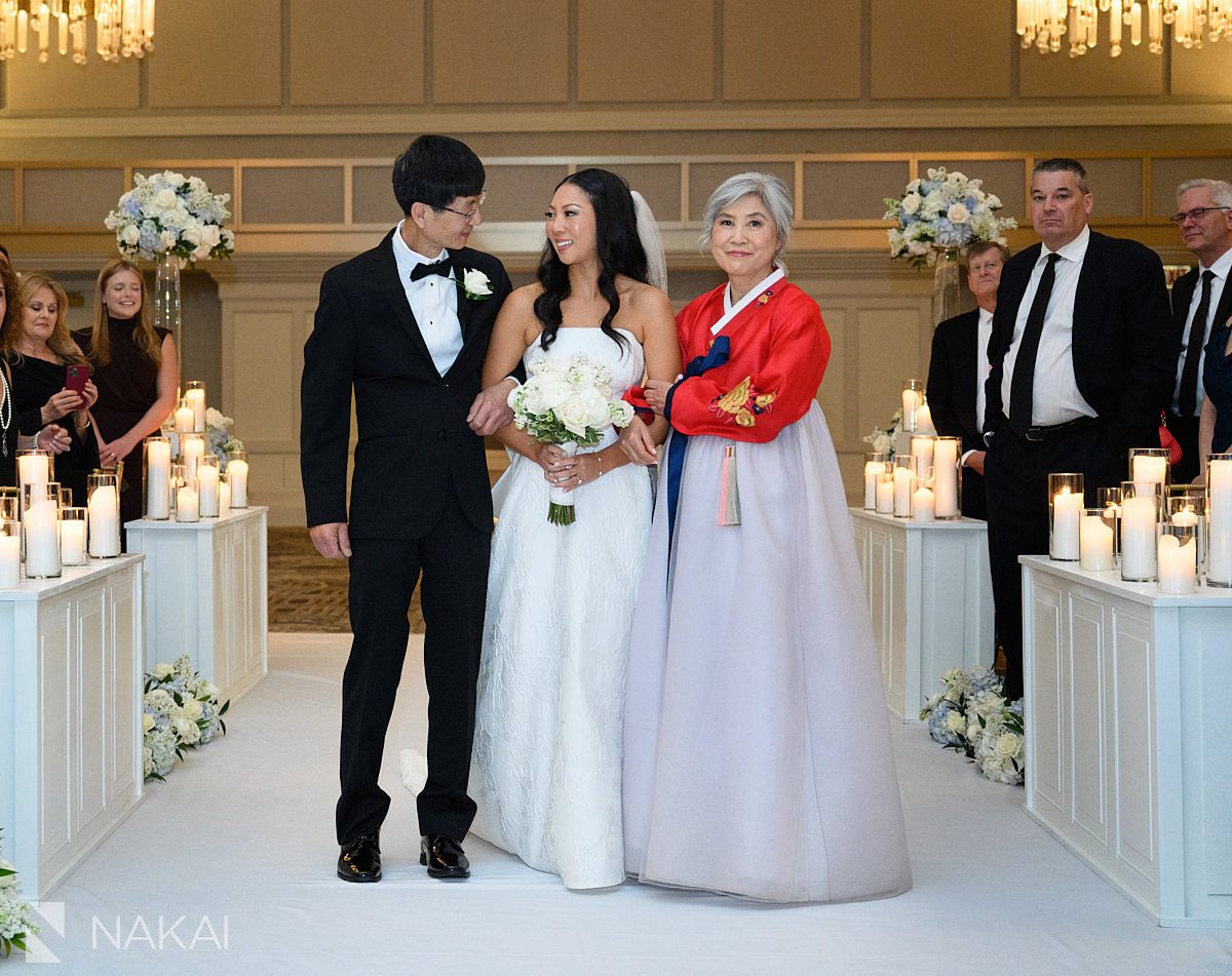 bride + parents JW marriott chicago wedding ceremony processional photos