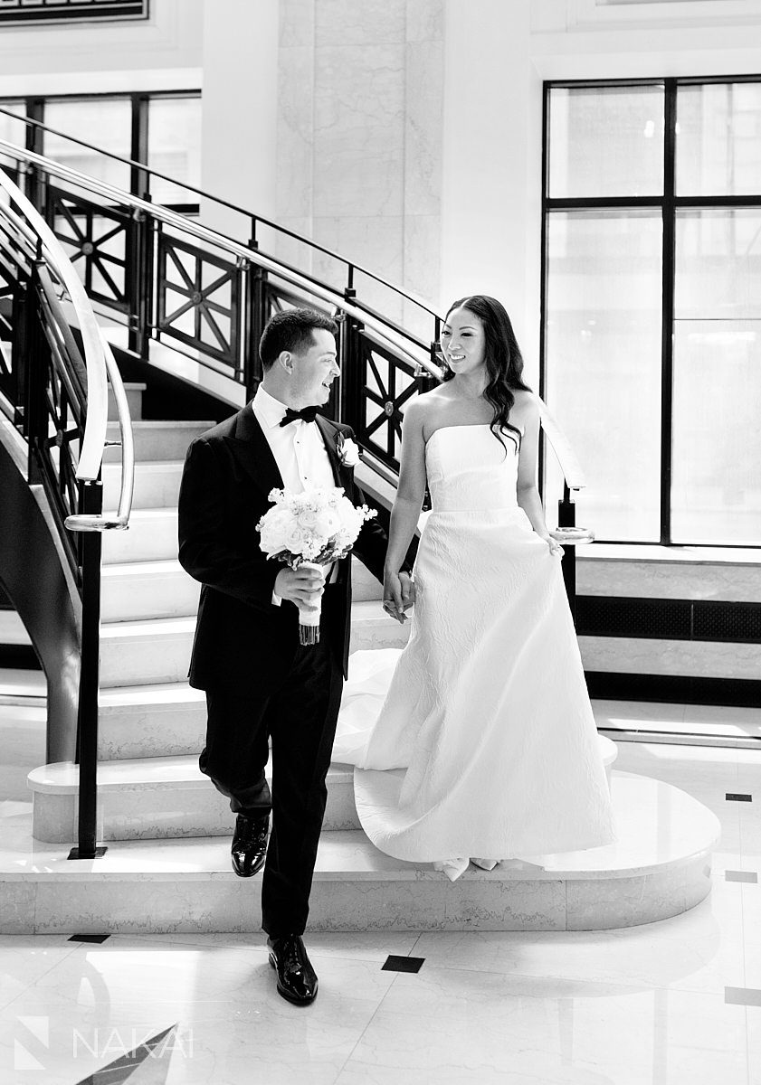 bride and groom photos for JW Marriott Chicago wedding on staircase