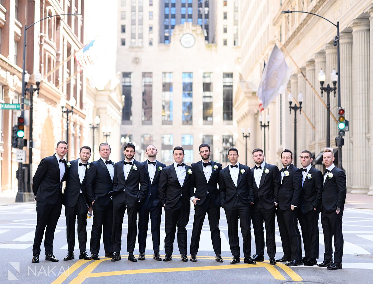 groomsmen Chicago LaSalle St wedding photos
