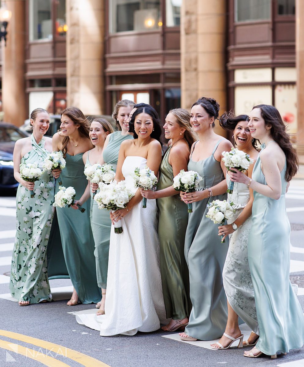 bridesmaids laughing Chicago LaSalle St wedding photos
