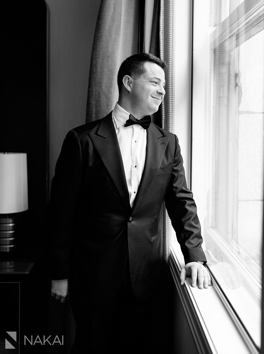 grooms portrait by window in B&W for JW Marriott Chicago wedding