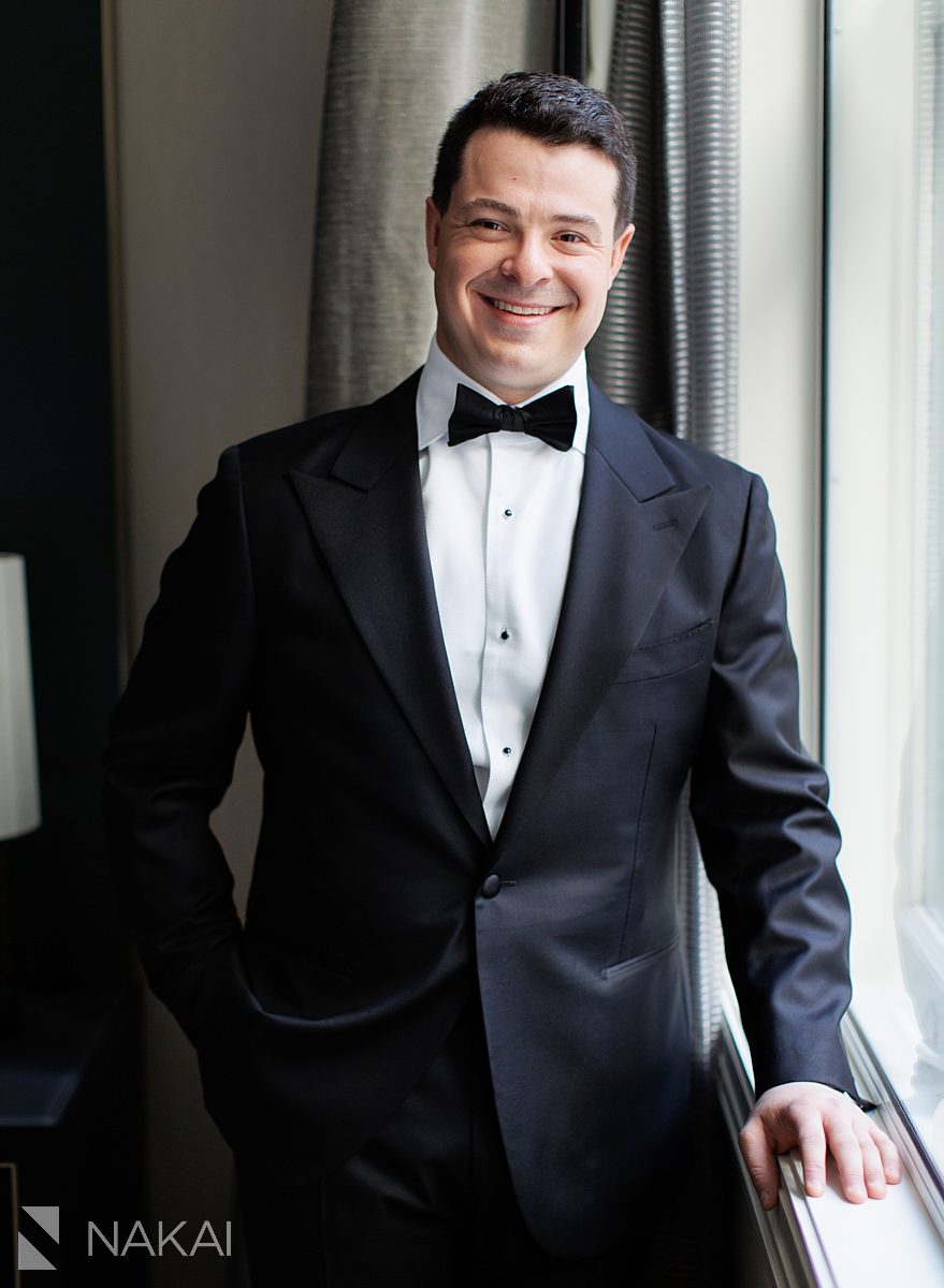 groom smiling in tuxedo for JW Marriott Chicago wedding