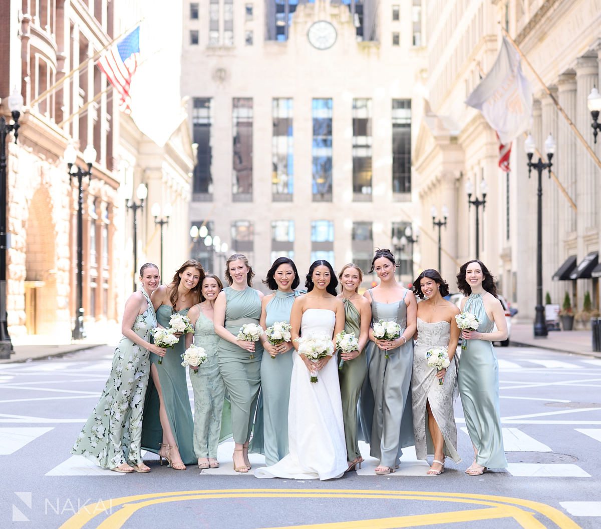 LaSalle Street Chicago wedding photos bridesmaids middle of street