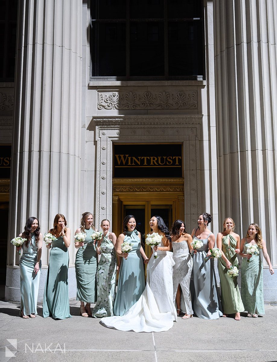 bridesmaids by columns on LaSalle Street chicago wedding pictures 