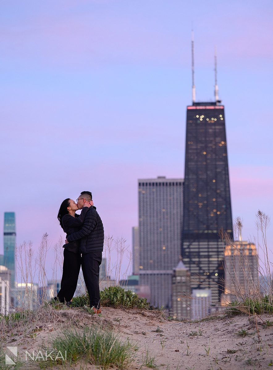 sunset kiss. Engagement proposal ideas Chicago with skyline