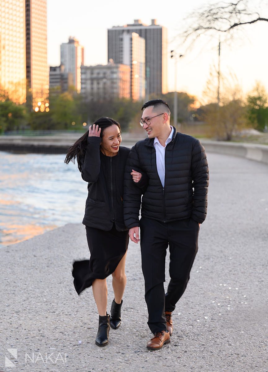 walking along pier before their Chicago North Avenue Beach proposal