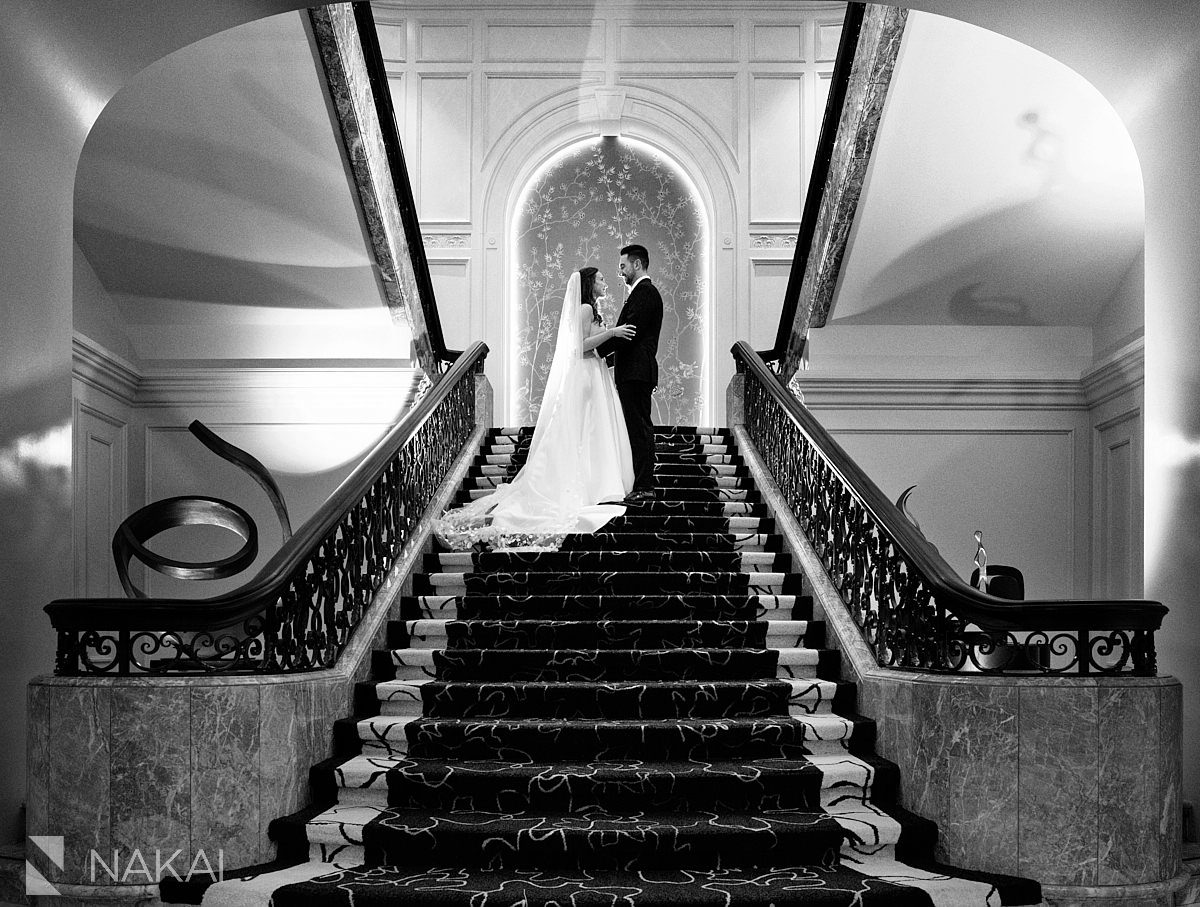 Four Seasons Hotel Chicago Wedding photo bride and groom on staircase