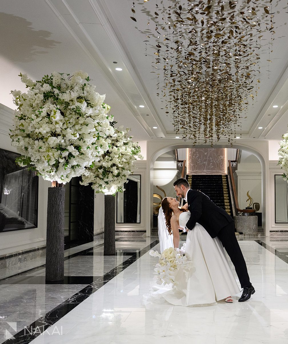 Four Seasons Hotel Chicago Wedding photo bride and groom dip in lobby