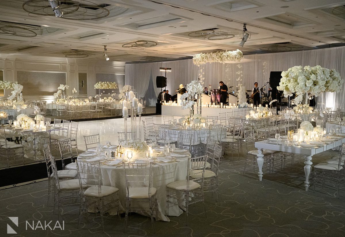 room shot Four Seasons Hotel Chicago wedding reception white flowers