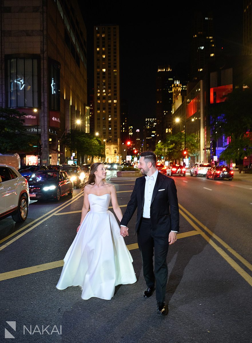 night shots Four Seasons Hotel Chicago wedding photo on Michigan avenue