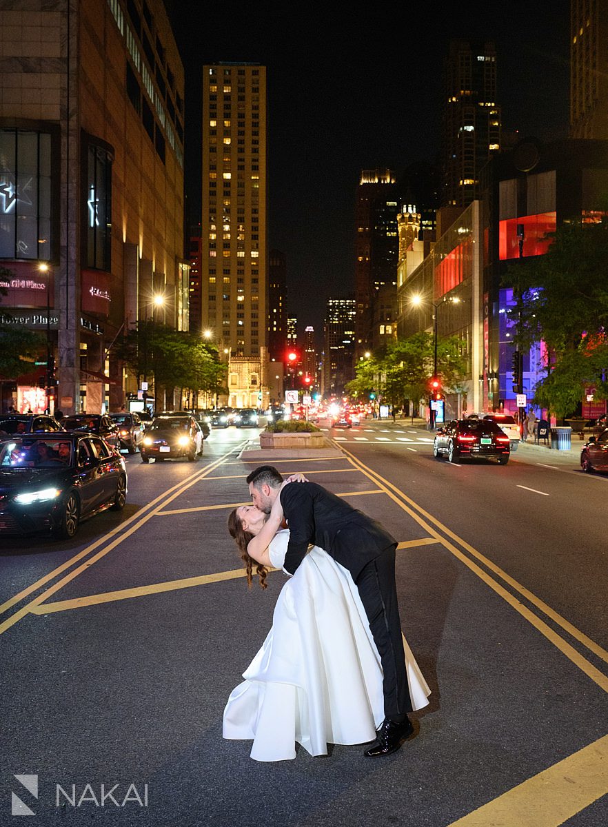 night photo on Michigan avenue Four Seasons Hotel Chicago wedding photo 