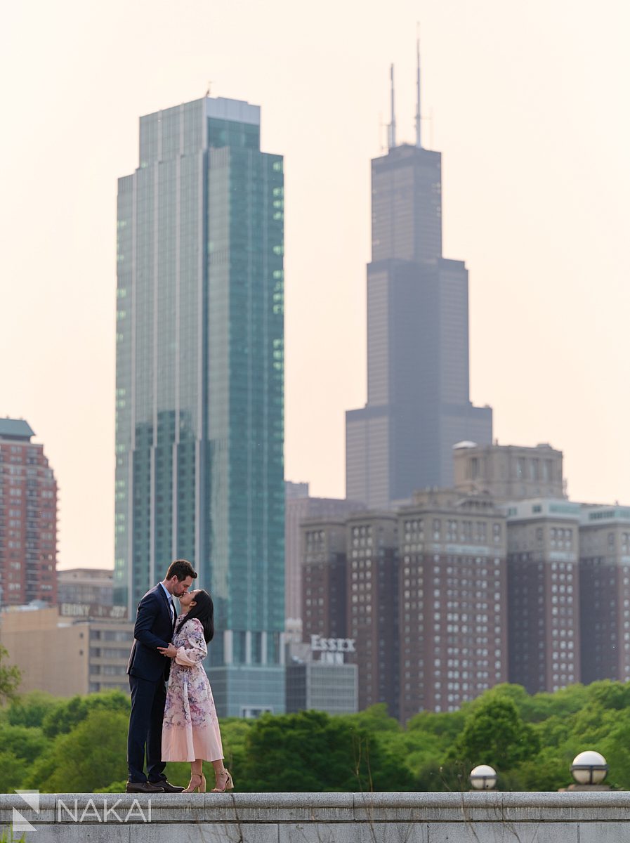 museum campus engagement photos kissing with willis tower in background