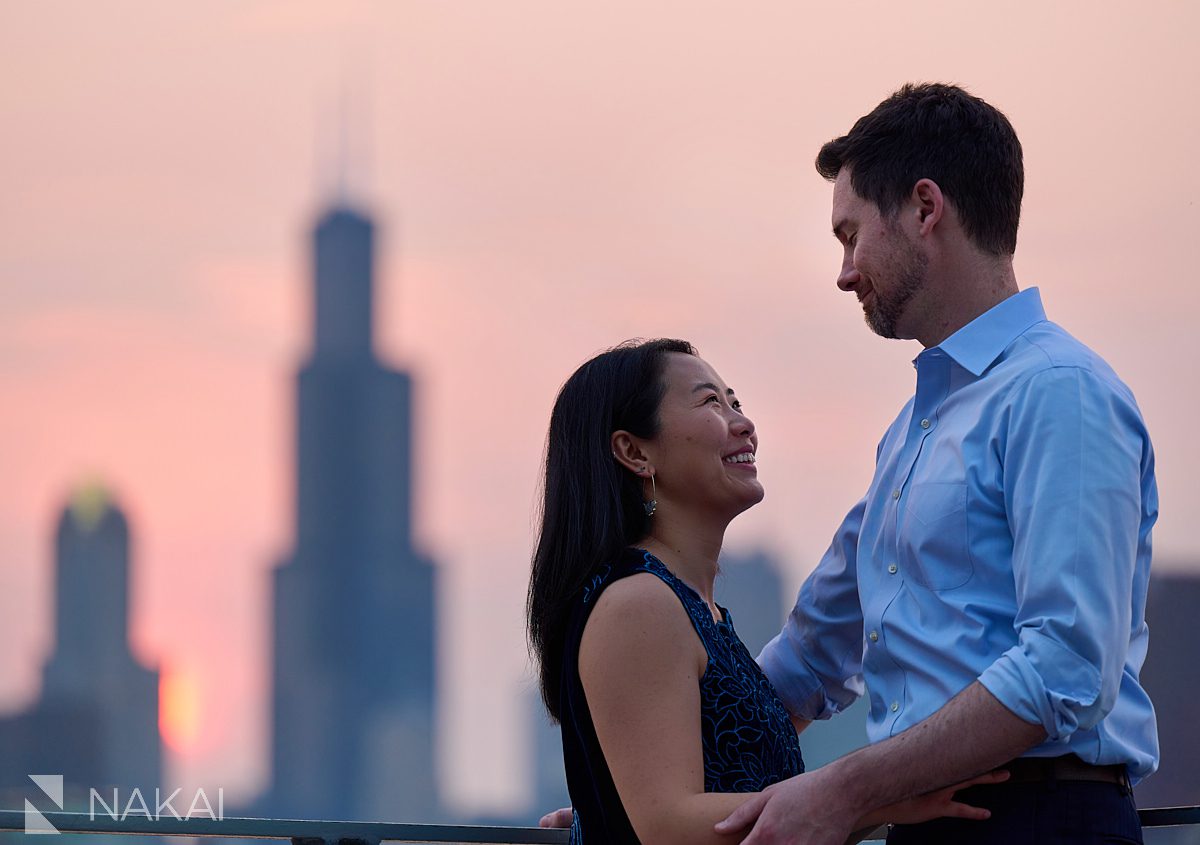 museum campus engagement skyline photos red and pink sky, closeup of smiling faces