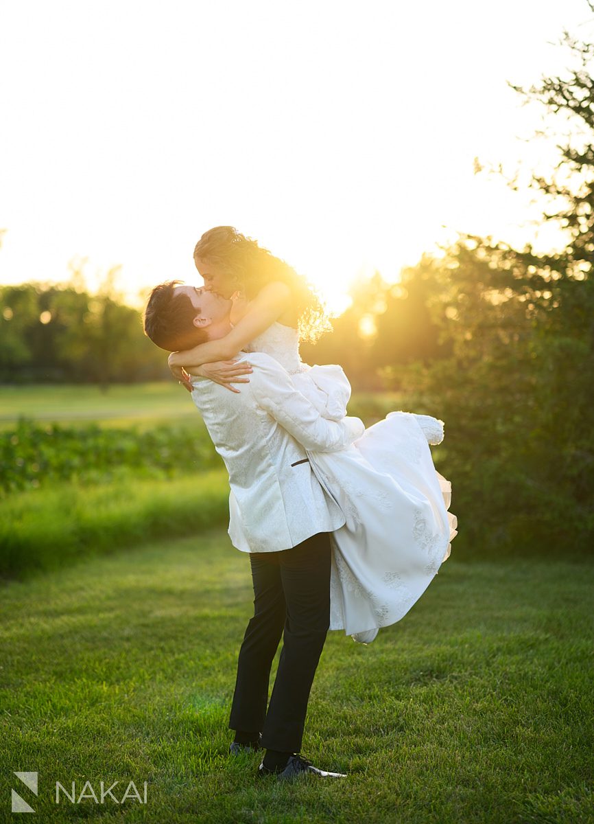 Ravinia Green Country Club Wedding Illinois golf course kiss at sunset