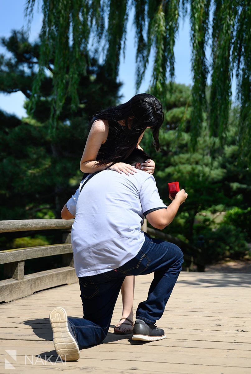 guy on bended knee hug Chicago botanic gardens proposal pictures