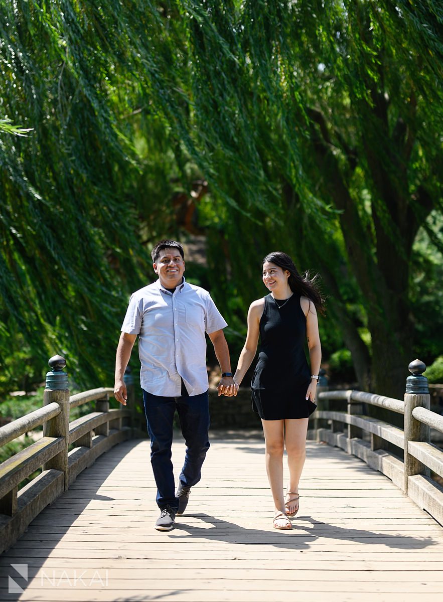 walking on Japanese garden bridge for Chicago botanic gardens proposal photos