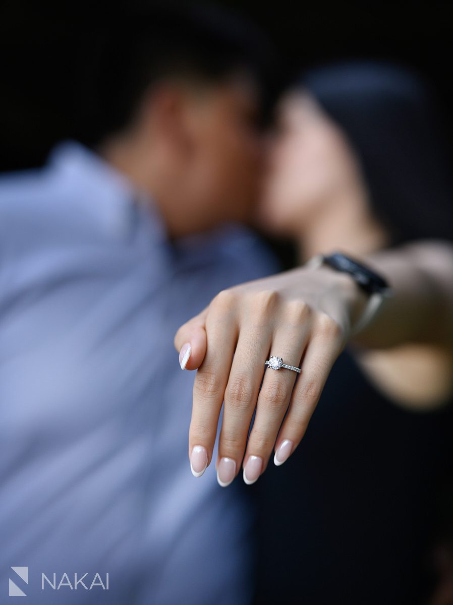 close up of ring on hand after Chicago Botanic Garden proposal