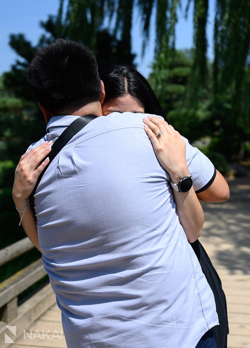 big hug after Chicago botanic gardens proposal photos