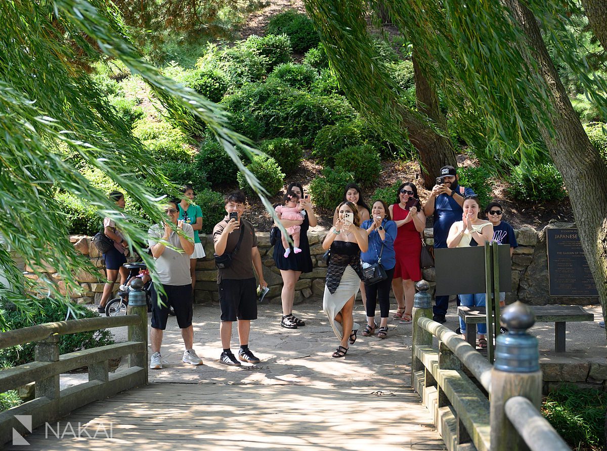 surprise family watching Chicago botanic gardens proposal photos