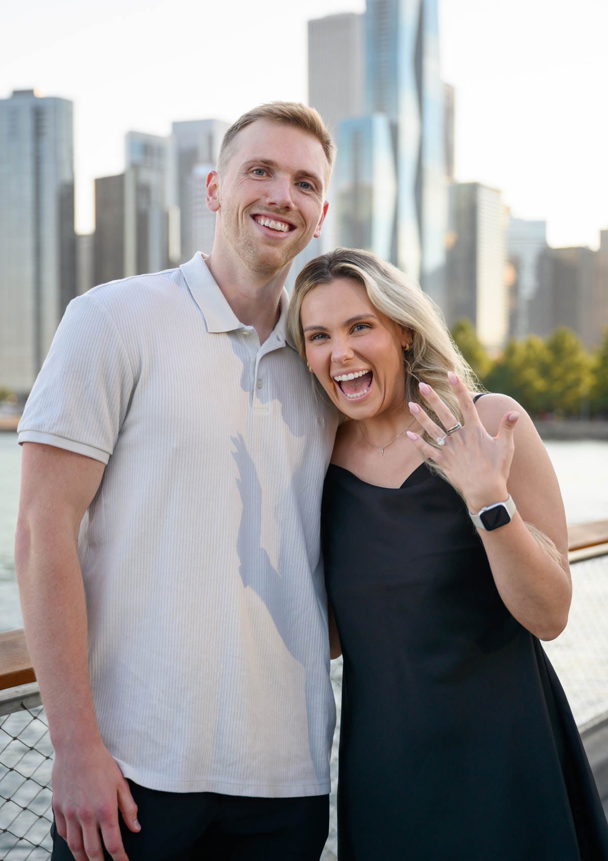 chicago navy pier proposal photo happy couple flashing ring