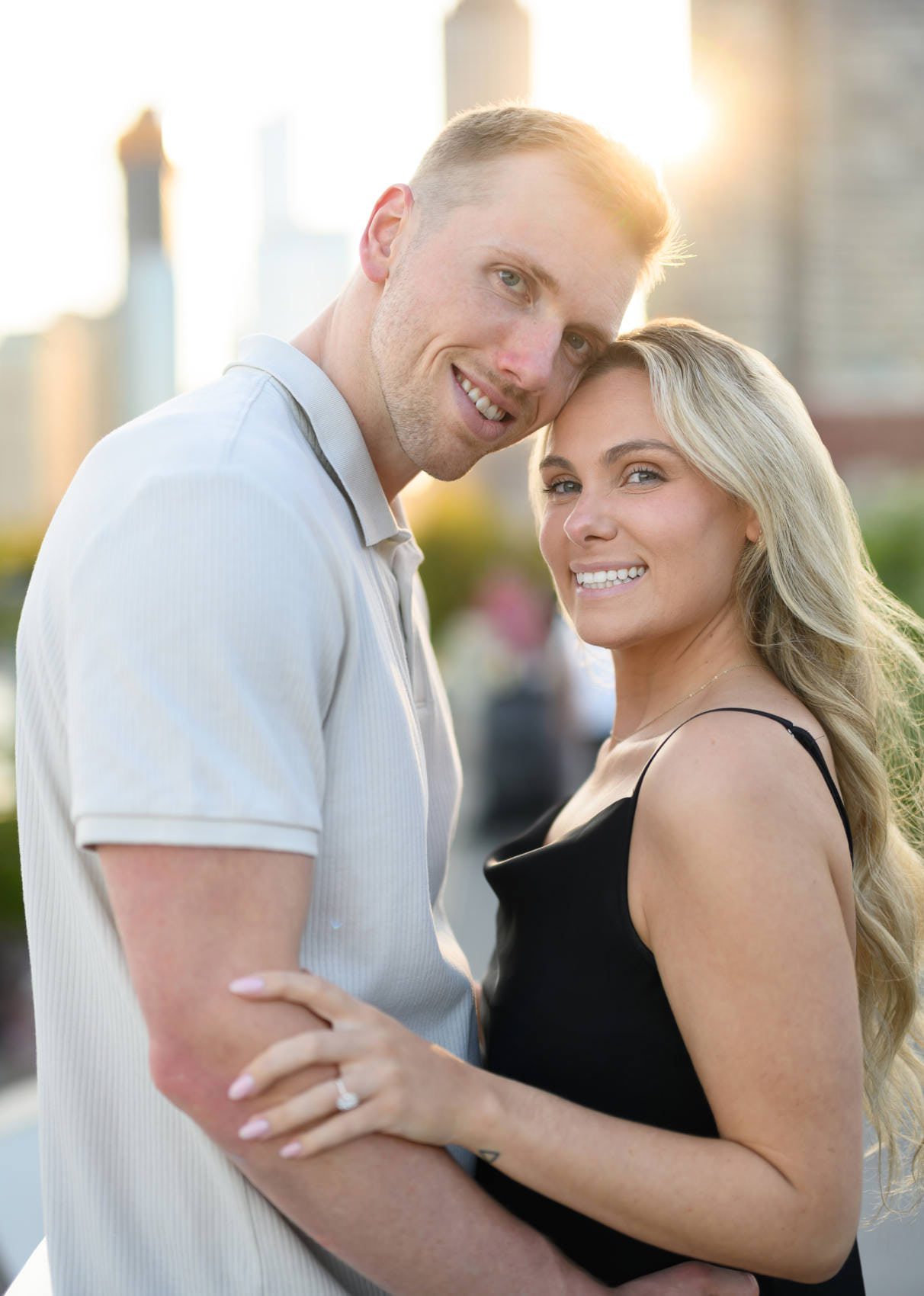 navy pier proposal photography with sunflare in background