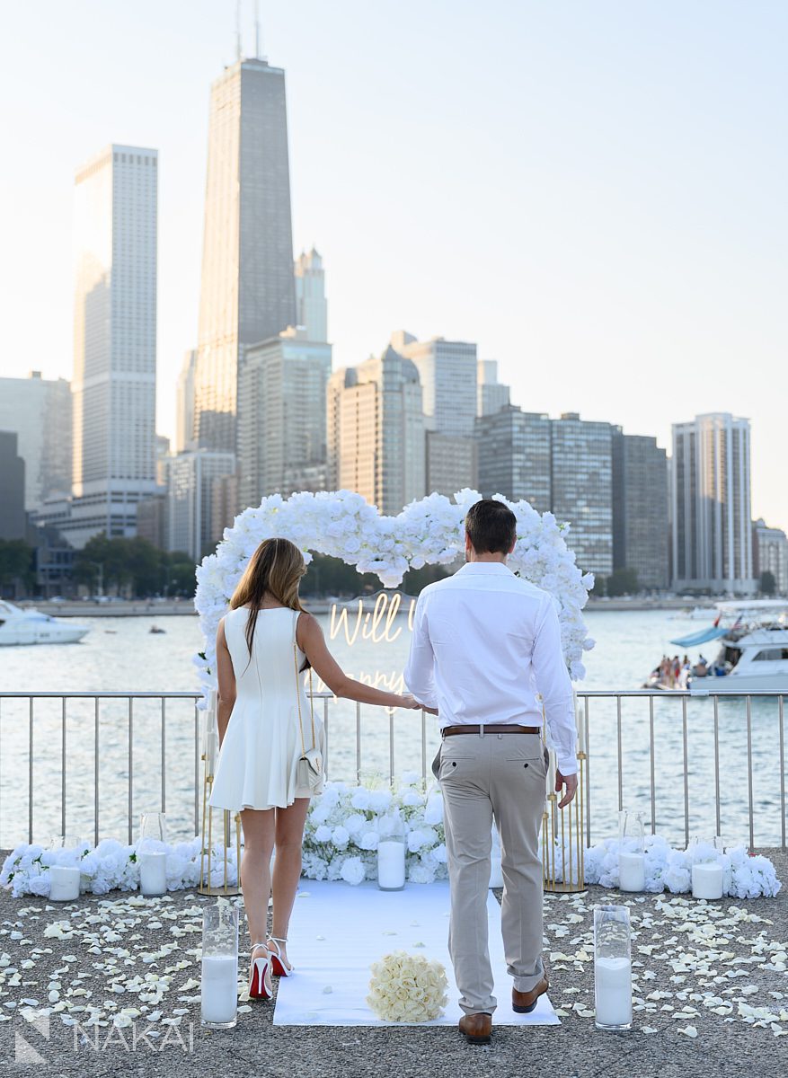 lakefront chicago proposal spots olive park heart flower arch white roses