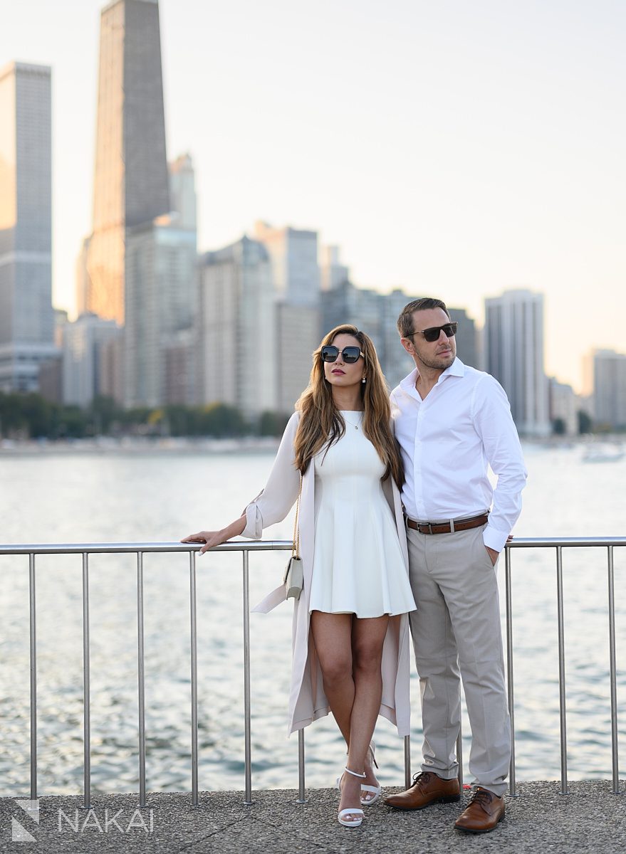 Olive Park chicago proposal spots skyline at sunset in background
