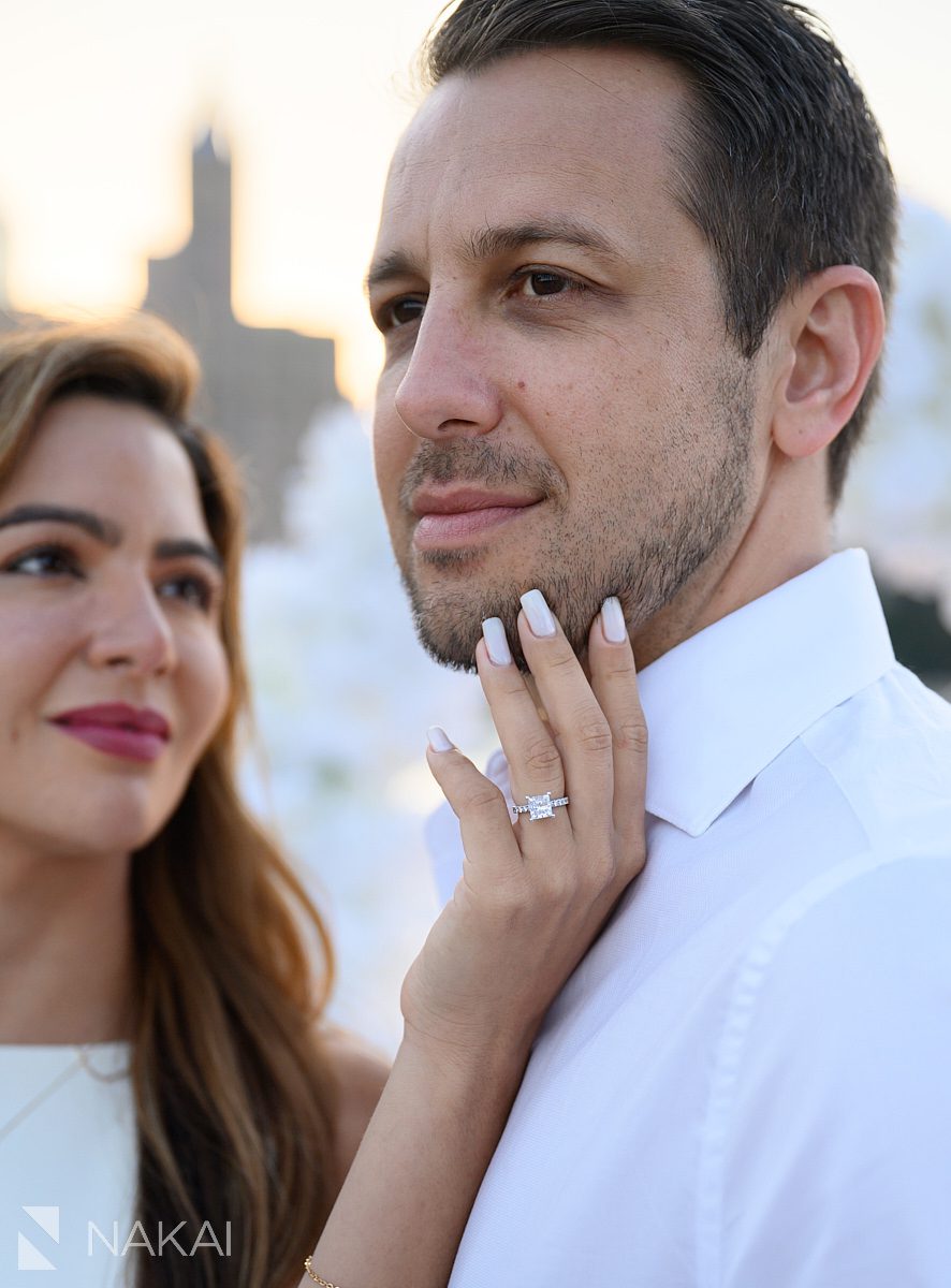 private chicago proposal spots skyline at sunset in background