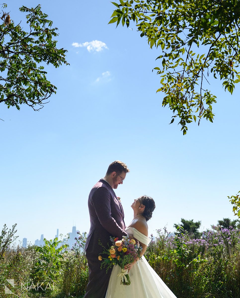 montrose beach wedding bride groom skyline in background