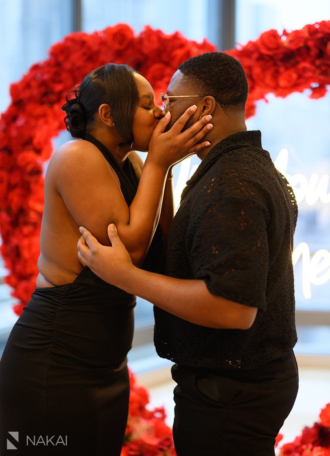 indoor winter heart wreath chicago proposals kiss afterwards