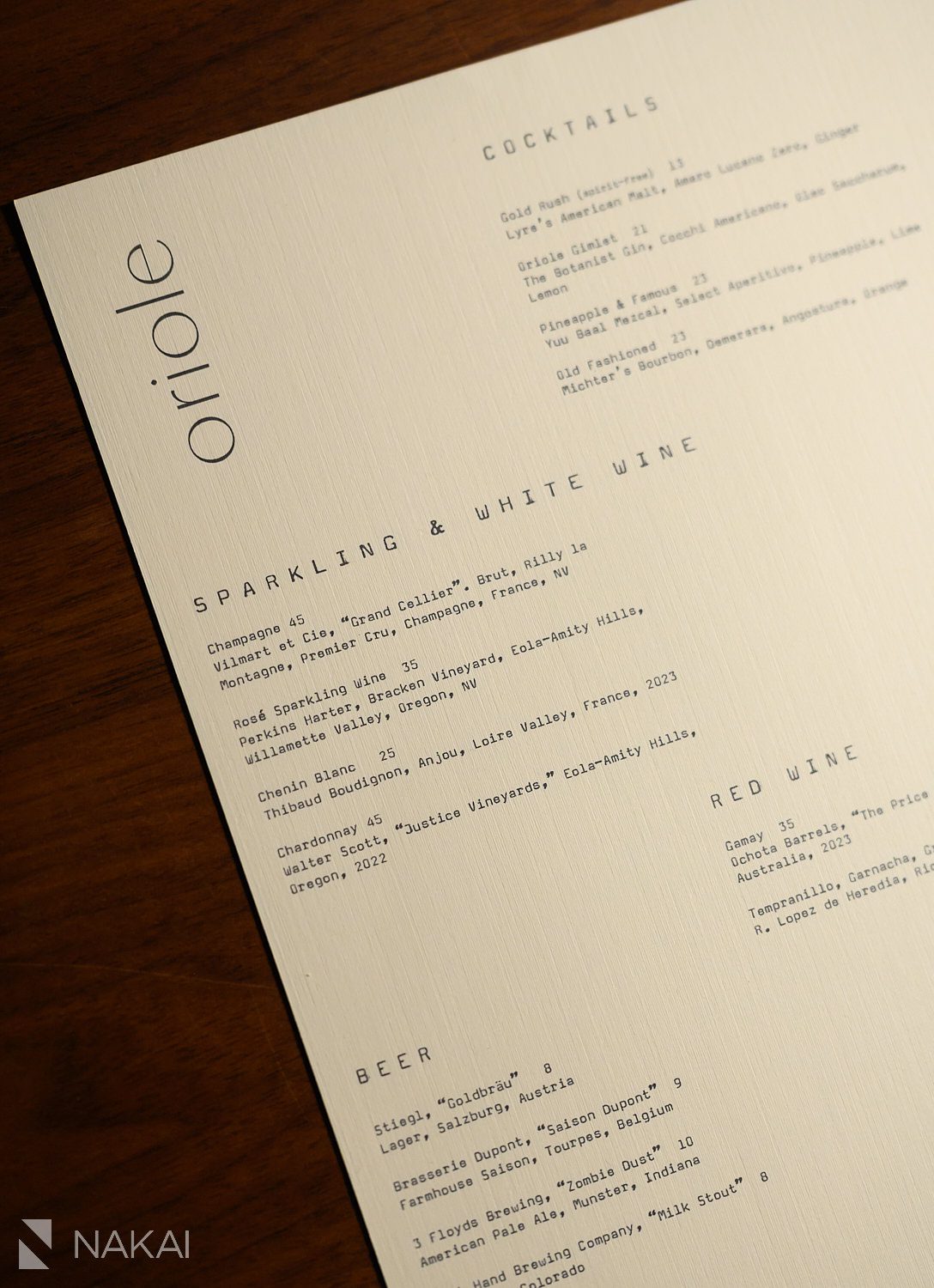 menu chicago oriole 