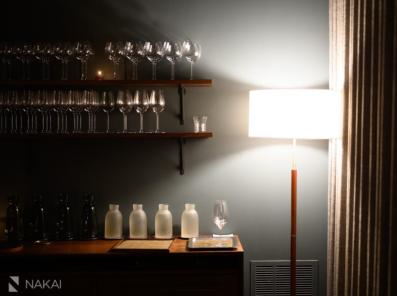 oriole private dining chicago shelf with wine glasses