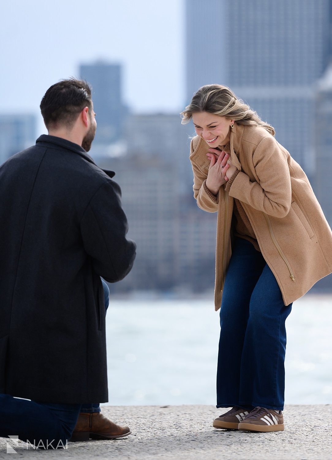 woman surprised during chicago north ave beach proposal 