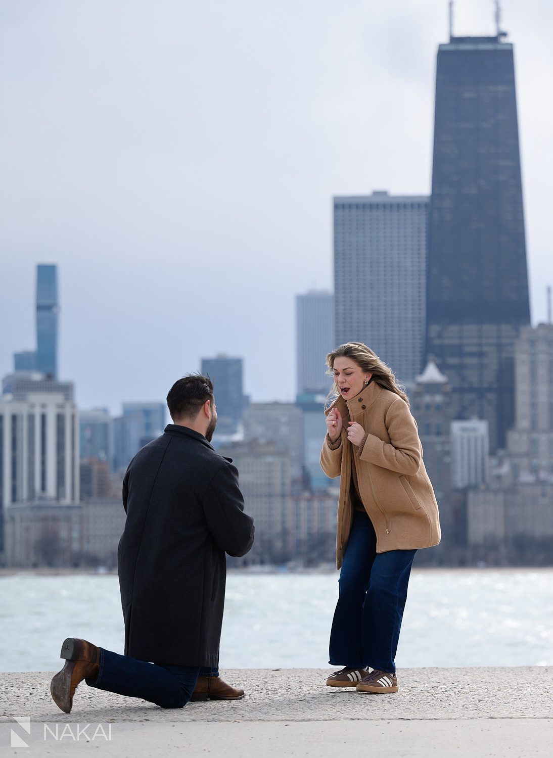 north ave beach proposal on bended knee, woman surprised, skyline in background