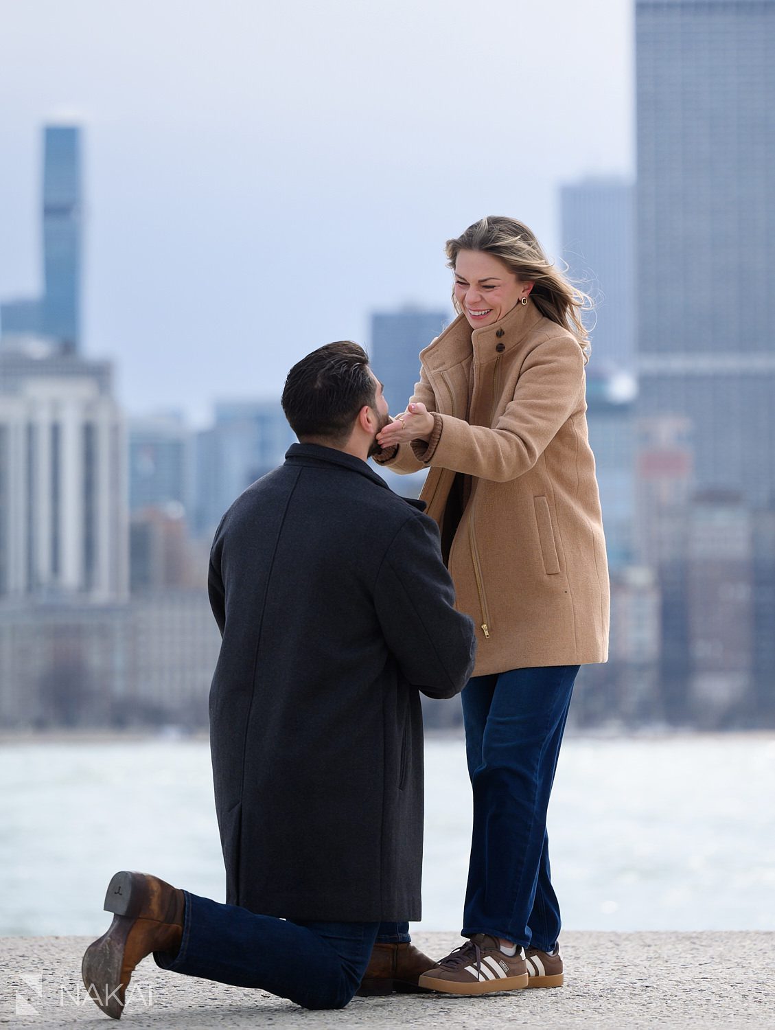north ave beach proposal chicago on bended knee, woman about to kiss