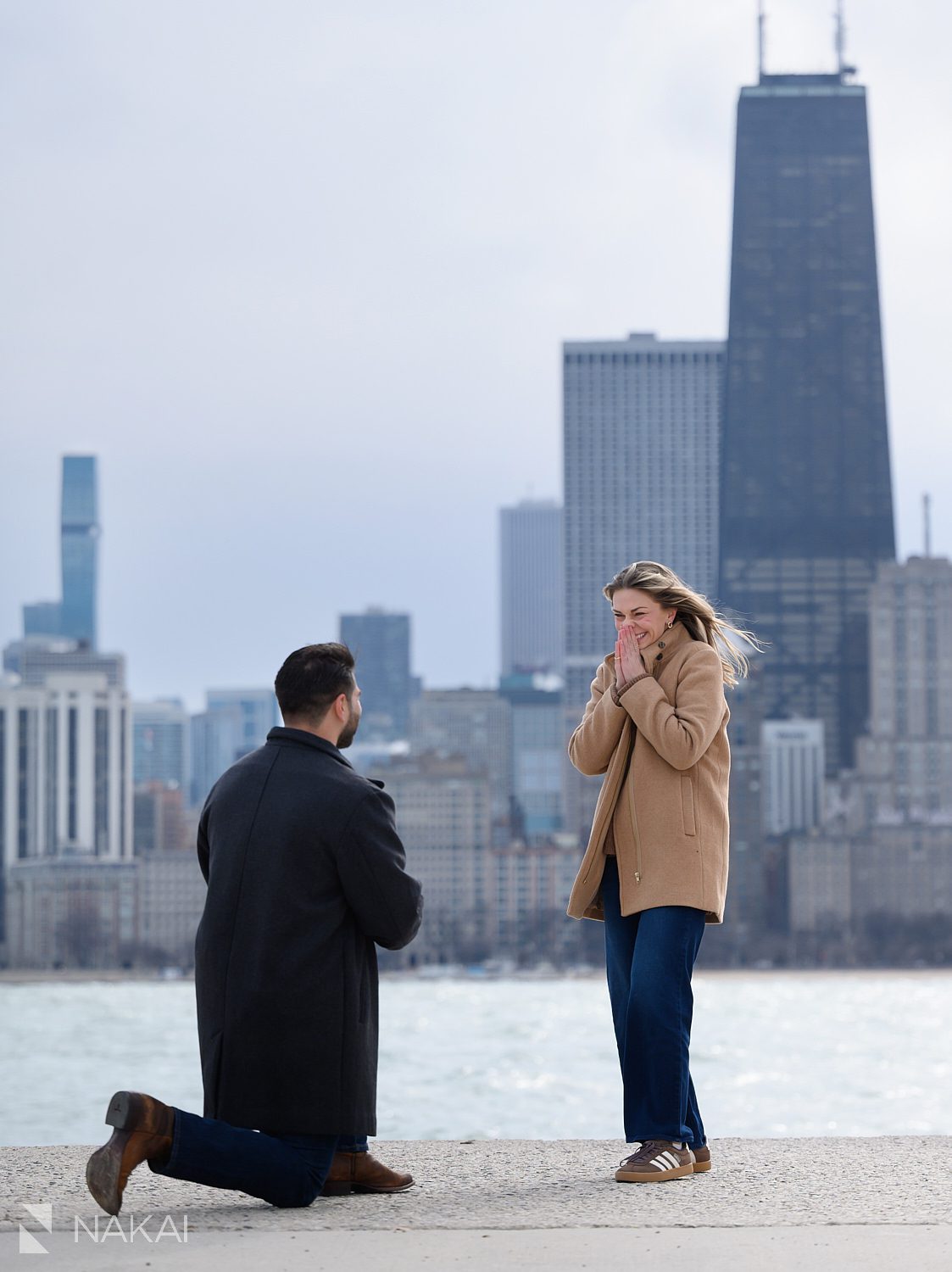 north ave beach proposal chicago on bended knee, woman surprised, skyline in background