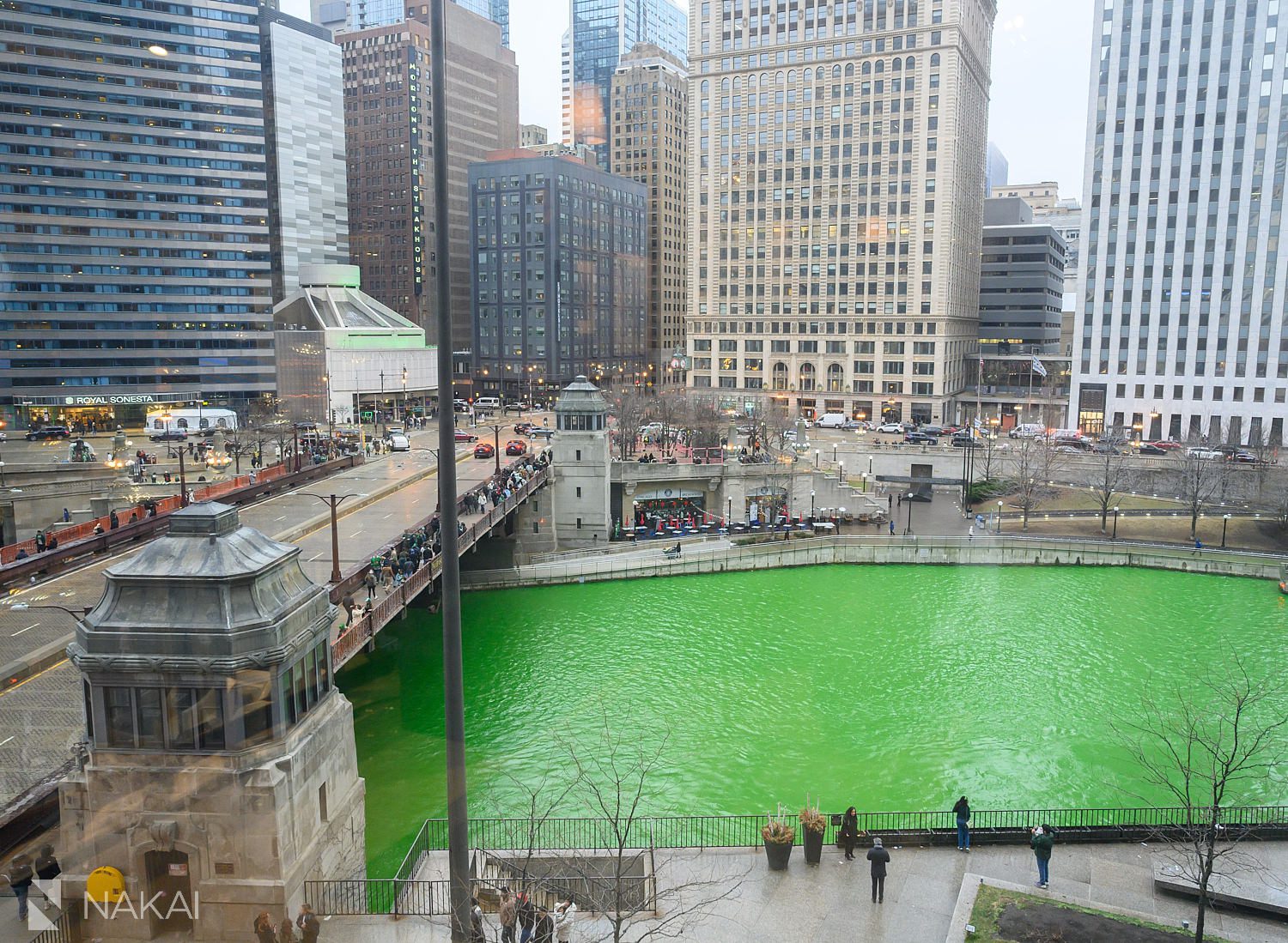 st patricks day green river chicago view from Langham Hotel