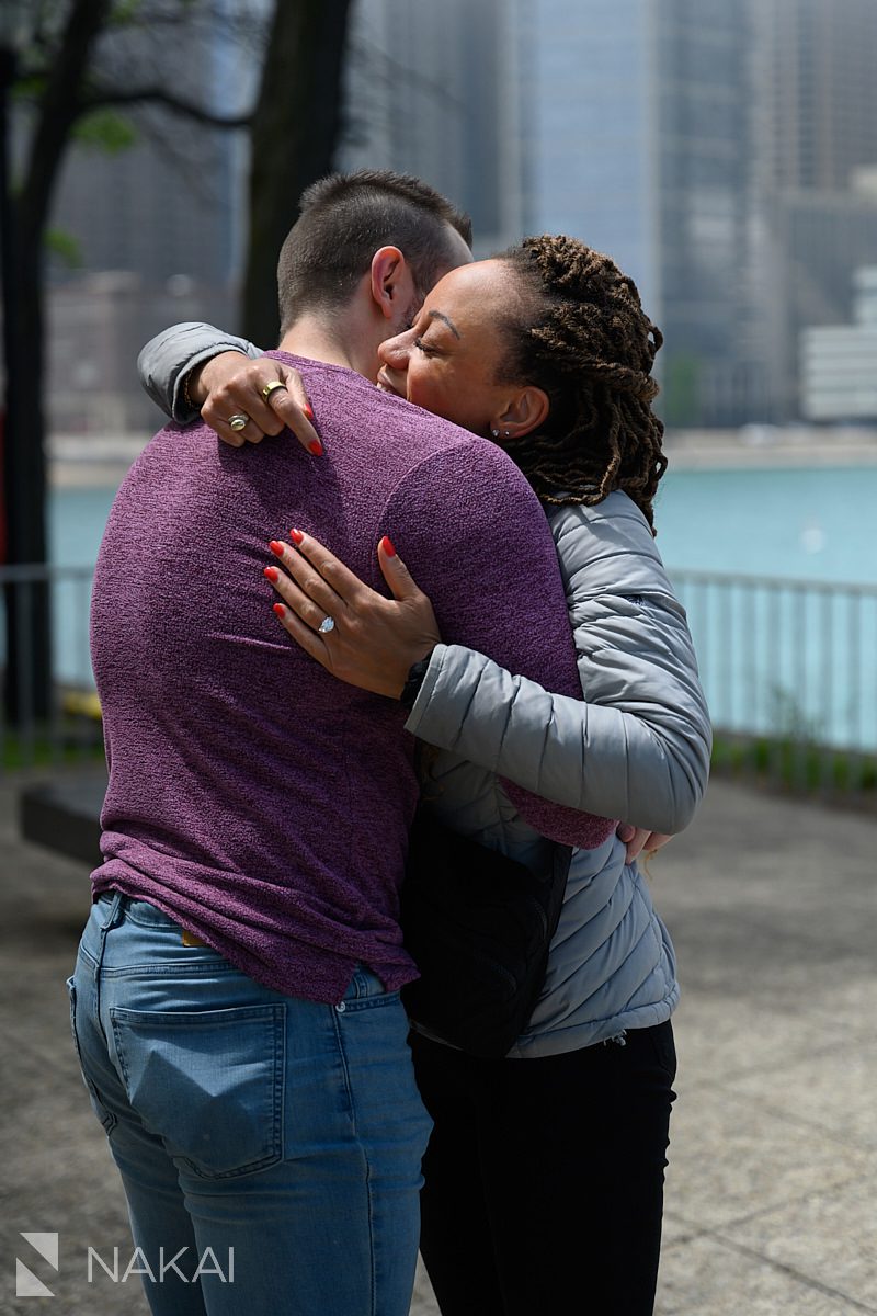 hug after olive park chicago lakefront proposal
