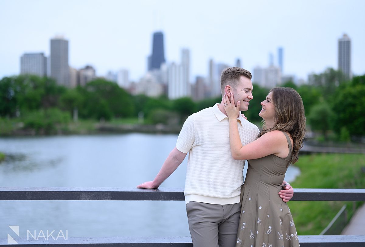 couple on bridge south pond chicago engagement photo