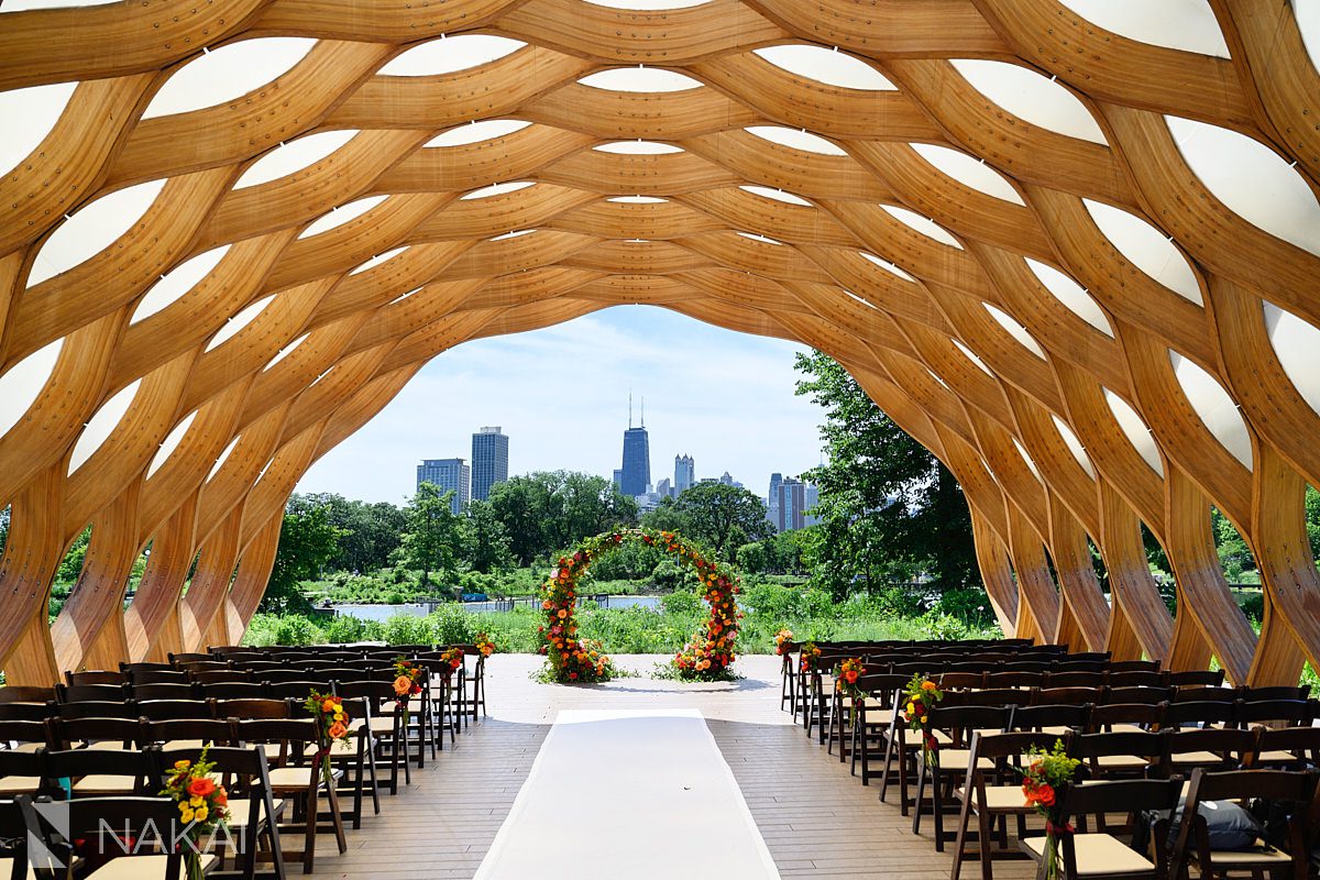 people's gas pavilion wedding ceremony set up floral and decor