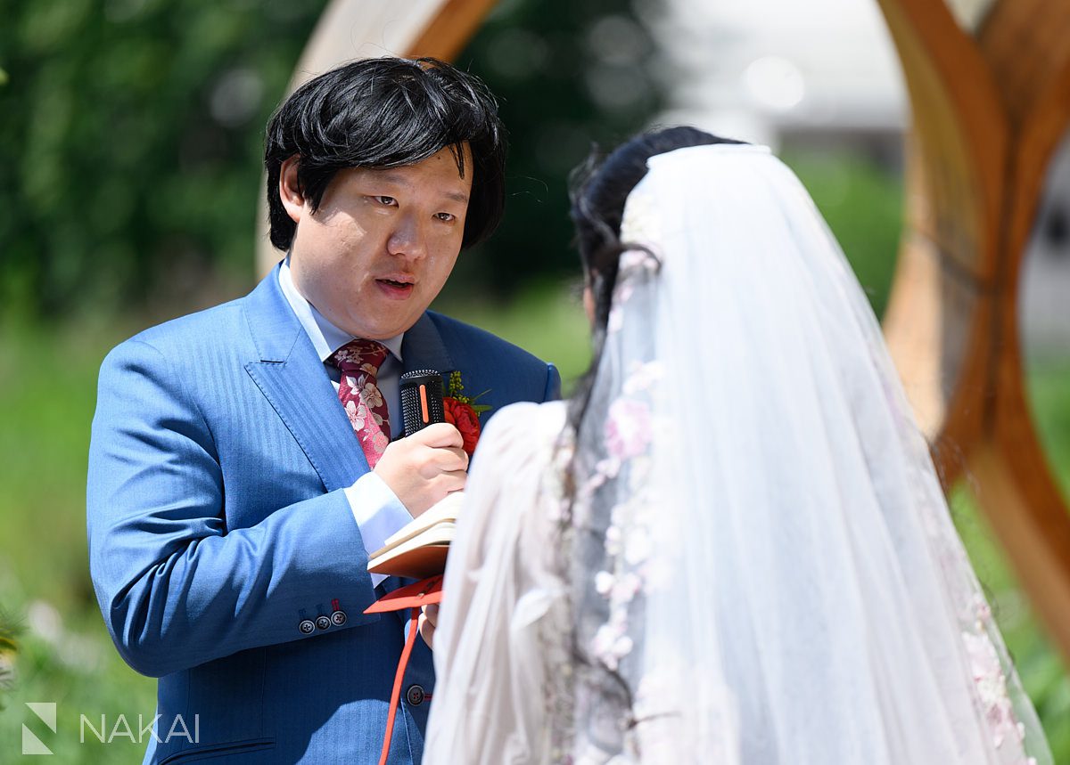 close up of groom during vows people's gas pavilion wedding